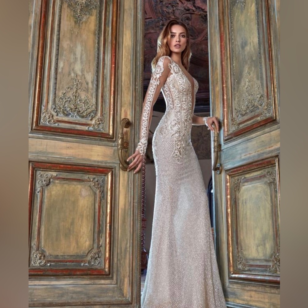 Galia Lahav Bella Dress. Ivory, nude base, with chocolate mesh. Sparkly beading
